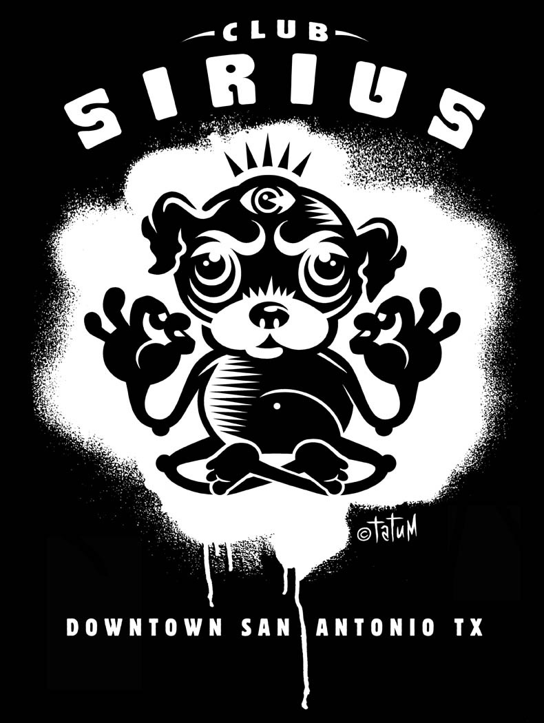 Club Sirius artist poster, black and white dog illustration with Tatum signature